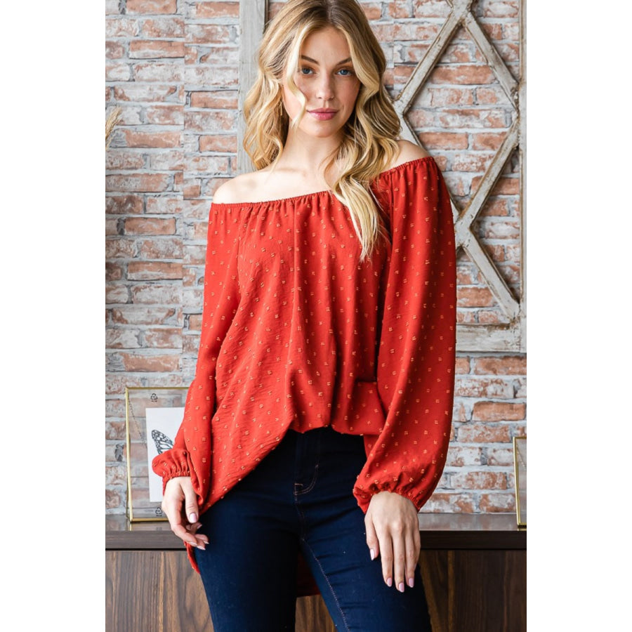 Heimish Full Size Swiss Dot Off Shoulder Top Apparel and Accessories