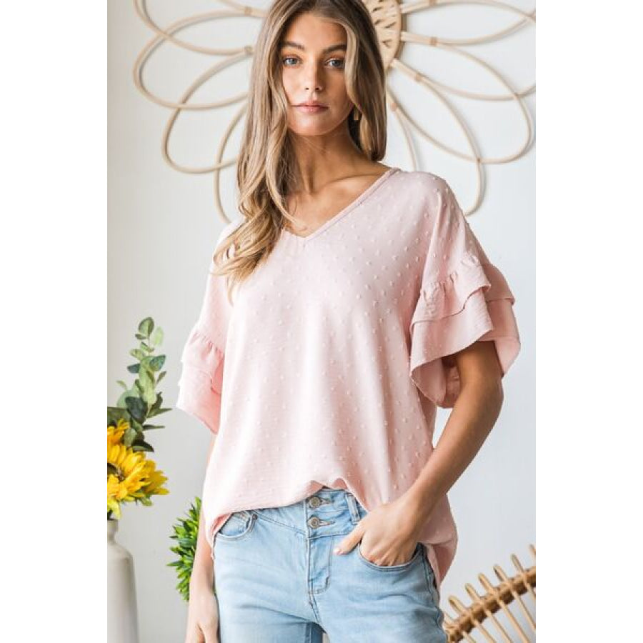 Heimish Full Size Swiss Dot Ruffle Short Sleeve Top DPeach / S Apparel and Accessories