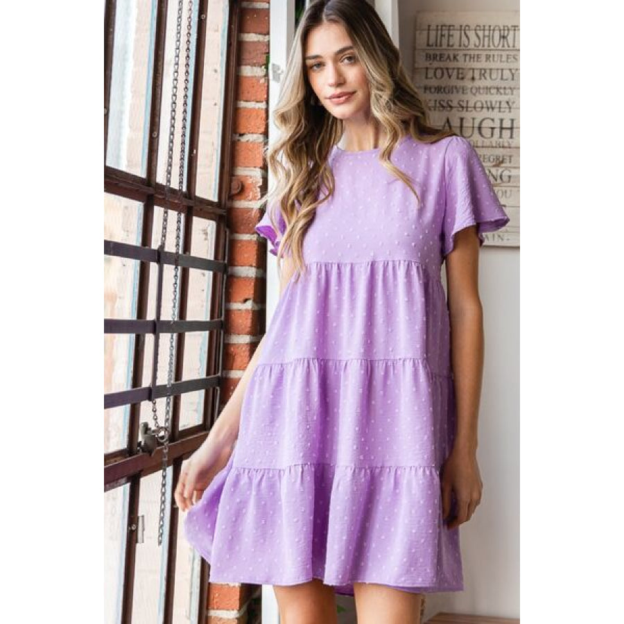 Heimish Full Size Swiss Dot Short Sleeve Tiered Dress Apparel and Accessories