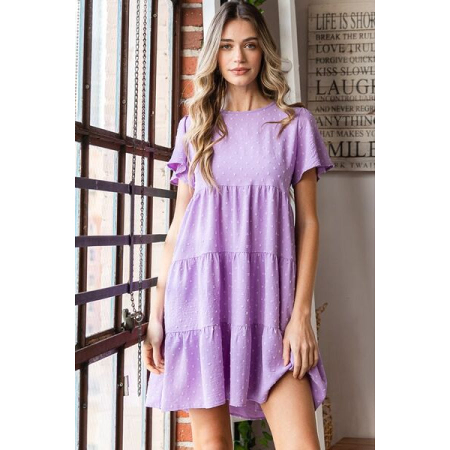 Heimish Full Size Swiss Dot Short Sleeve Tiered Dress LILAC / S Apparel and Accessories