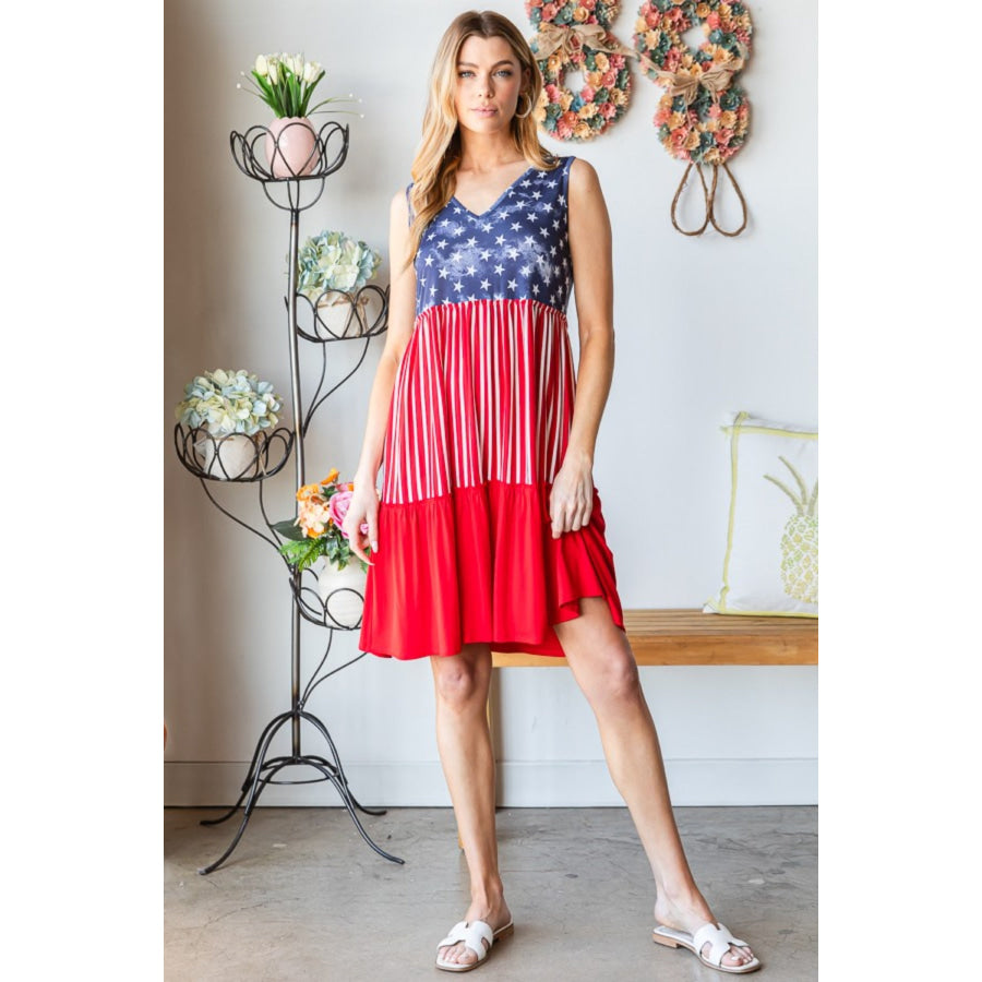 Heimish Full Size US Flag Theme Contrast Tank Dress Red Multi / S Apparel and Accessories