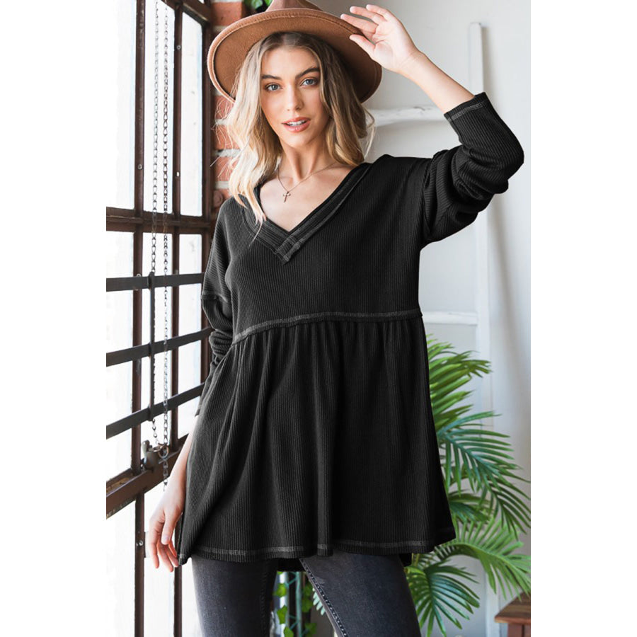 Heimish Full Size V-Neck Long Sleeve Ribbed Babydoll Top Black / S Apparel and Accessories