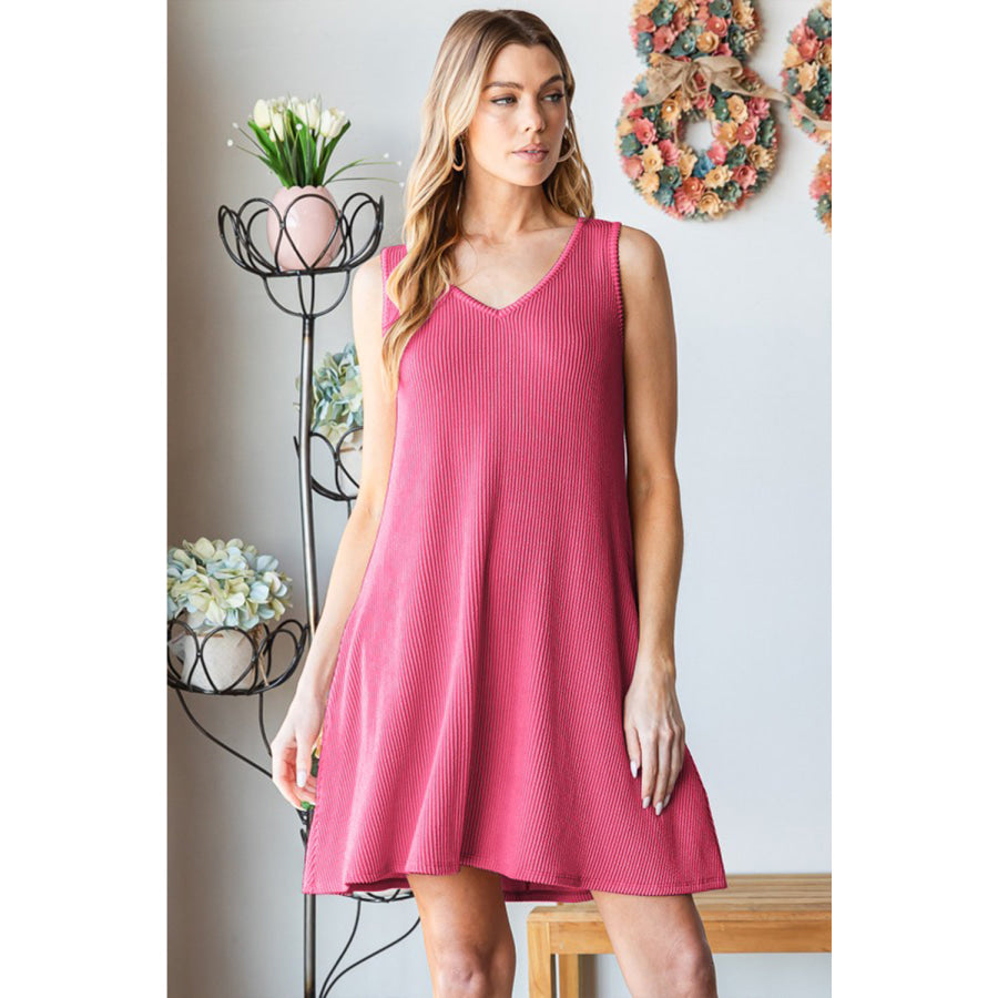 Heimish Full Size V - Neck Ribbed Mini Tank Dress Hot Pink / S Apparel and Accessories