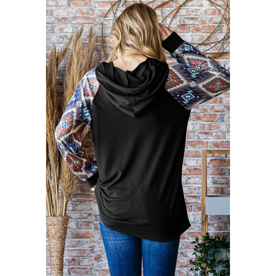 Heimish Half Button Printed Long Sleeve Hooded Top Black / S Apparel and Accessories