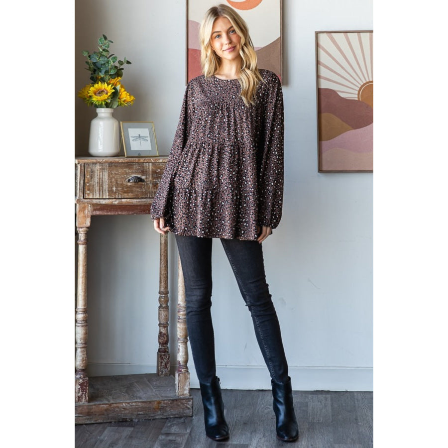 Heimish Leopard Long Sleeve Tiered Blouse Apparel and Accessories