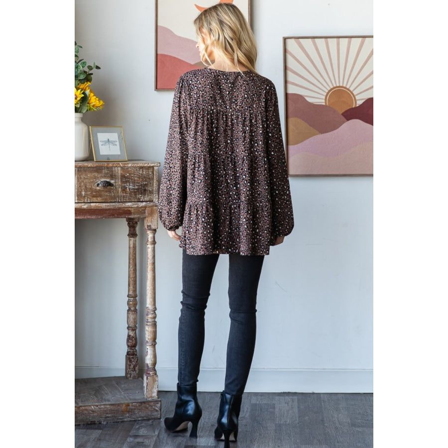 Heimish Leopard Long Sleeve Tiered Blouse Apparel and Accessories