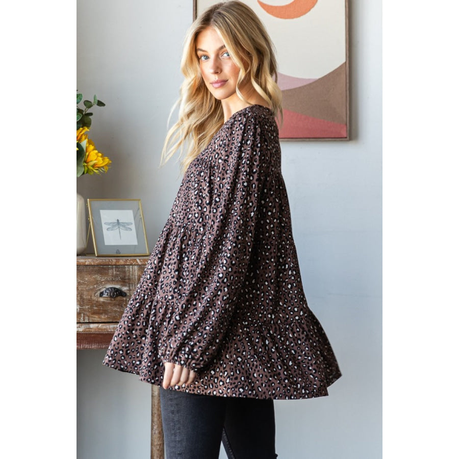 Heimish Leopard Long Sleeve Tiered Blouse Apparel and Accessories