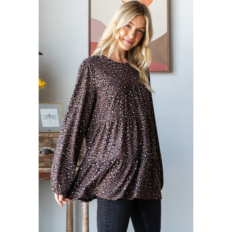 Heimish Leopard Long Sleeve Tiered Blouse Apparel and Accessories