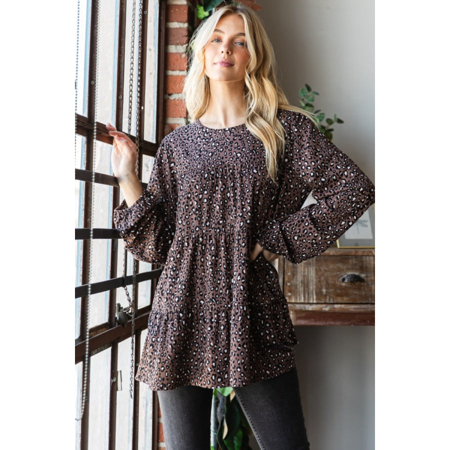 Heimish Leopard Long Sleeve Tiered Blouse Mocha / S Apparel and Accessories