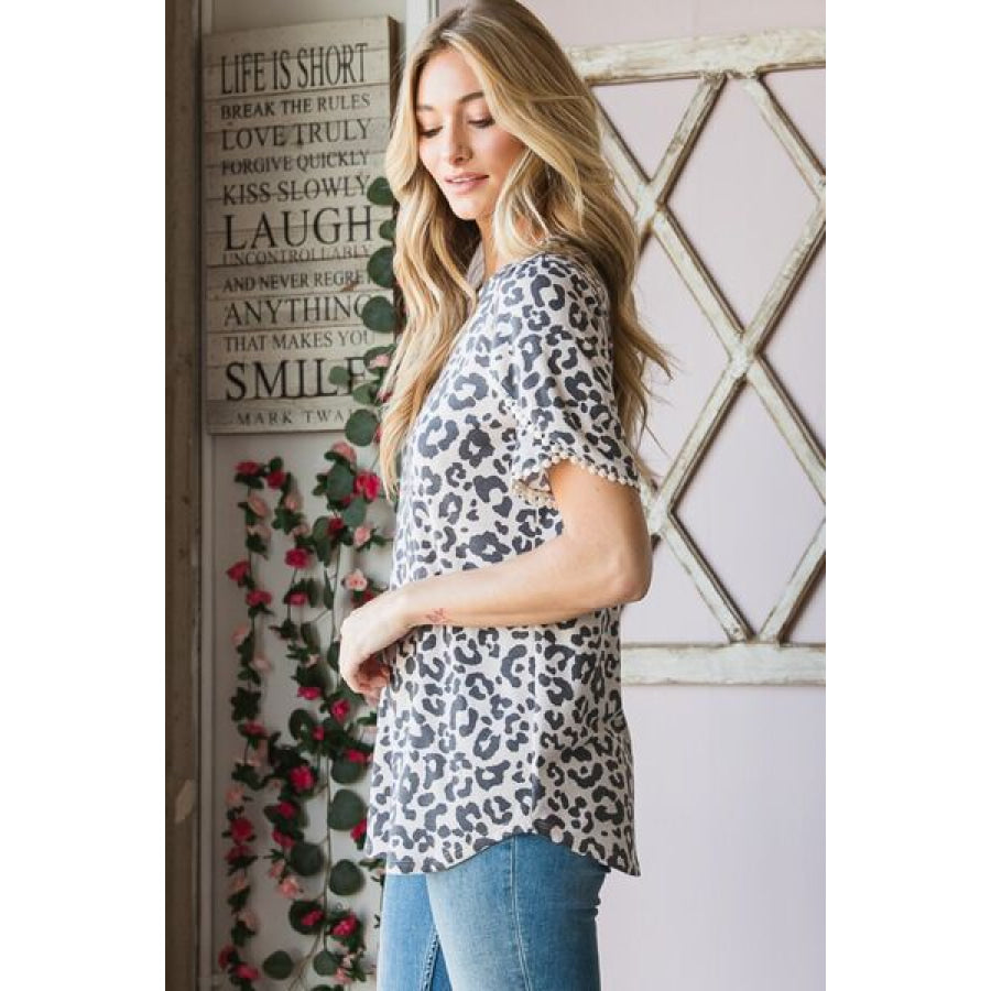 Heimish Leopard Round Neck Petal Sleeve T - Shirt Apparel and Accessories