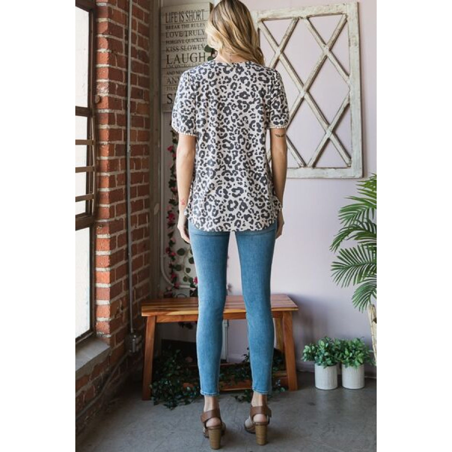 Heimish Leopard Round Neck Petal Sleeve T - Shirt Apparel and Accessories