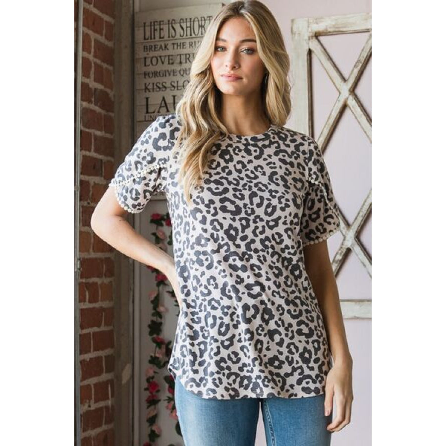Heimish Leopard Round Neck Petal Sleeve T - Shirt TAUPEM / S Apparel and Accessories