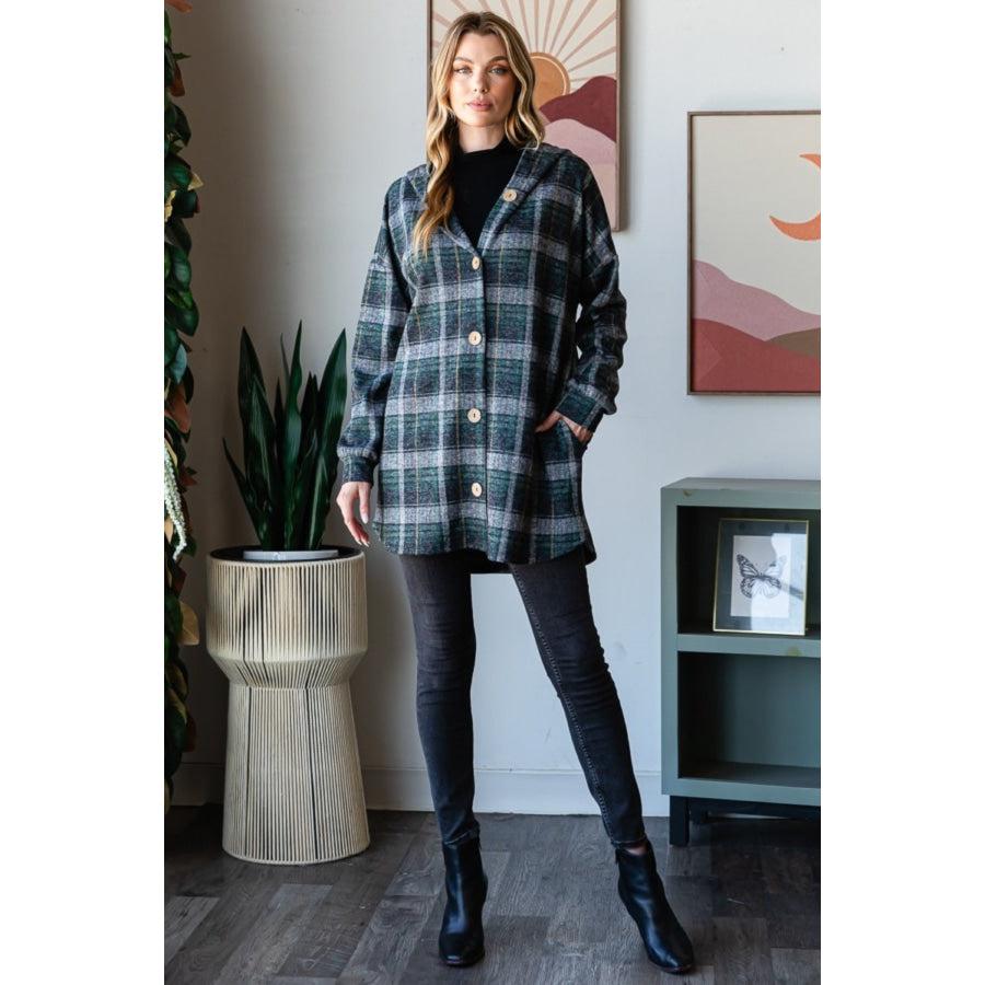 Heimish Plaid Button Down Long Sleeve Hooded Cardigan Apparel and Accessories