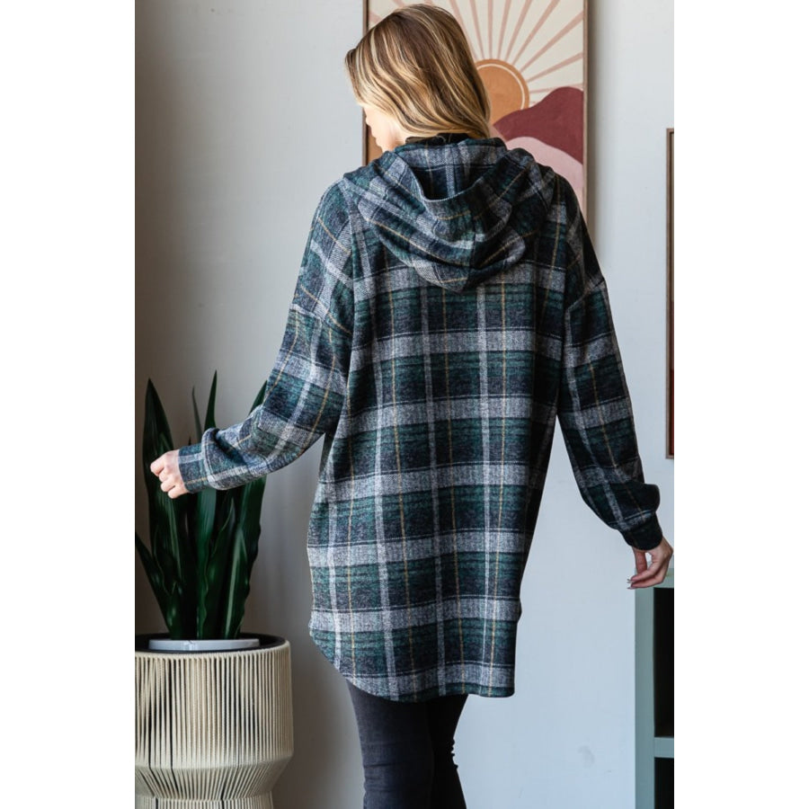 Heimish Plaid Button Down Long Sleeve Hooded Cardigan Hunter Green Multi / S Apparel and Accessories