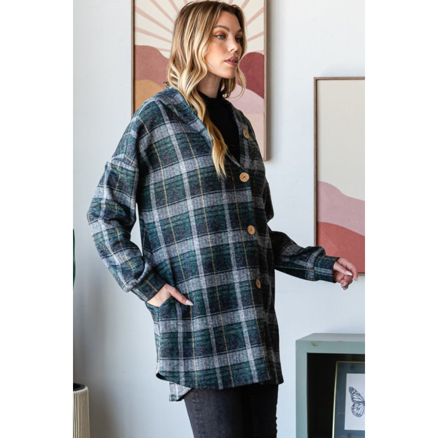 Heimish Plaid Button Down Long Sleeve Hooded Cardigan Apparel and Accessories