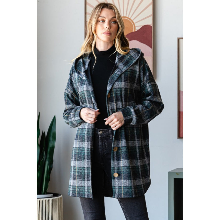 Heimish Plaid Button Down Long Sleeve Hooded Cardigan Apparel and Accessories