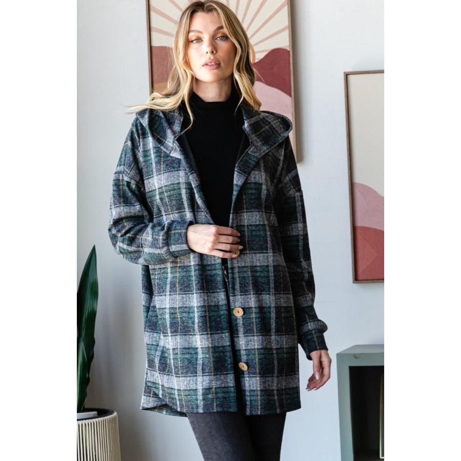 Heimish Plaid Button Down Long Sleeve Hooded Cardigan Hunter Green Multi / S Apparel and Accessories