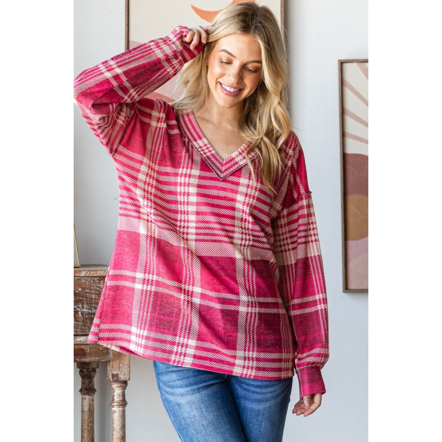 Heimish Plaid Drop Shoulder V-Neck T-Shirt Apparel and Accessories