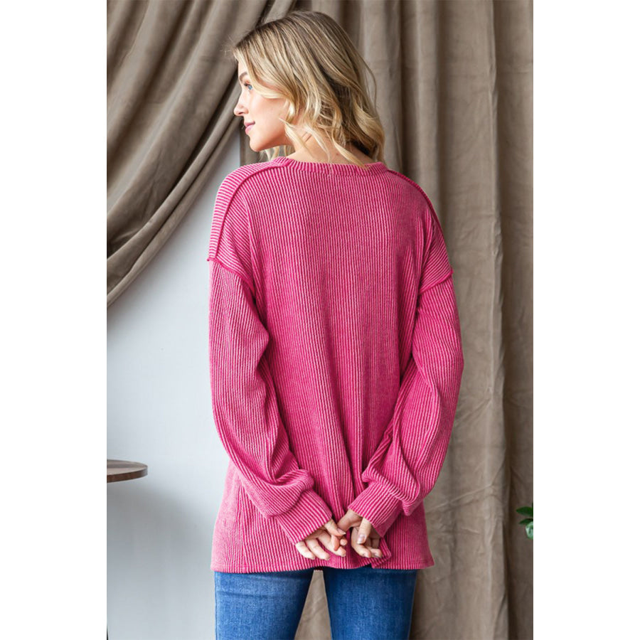 Heimish Ribbed Exposed Seam Long Sleeve T-Shirt Apparel and Accessories