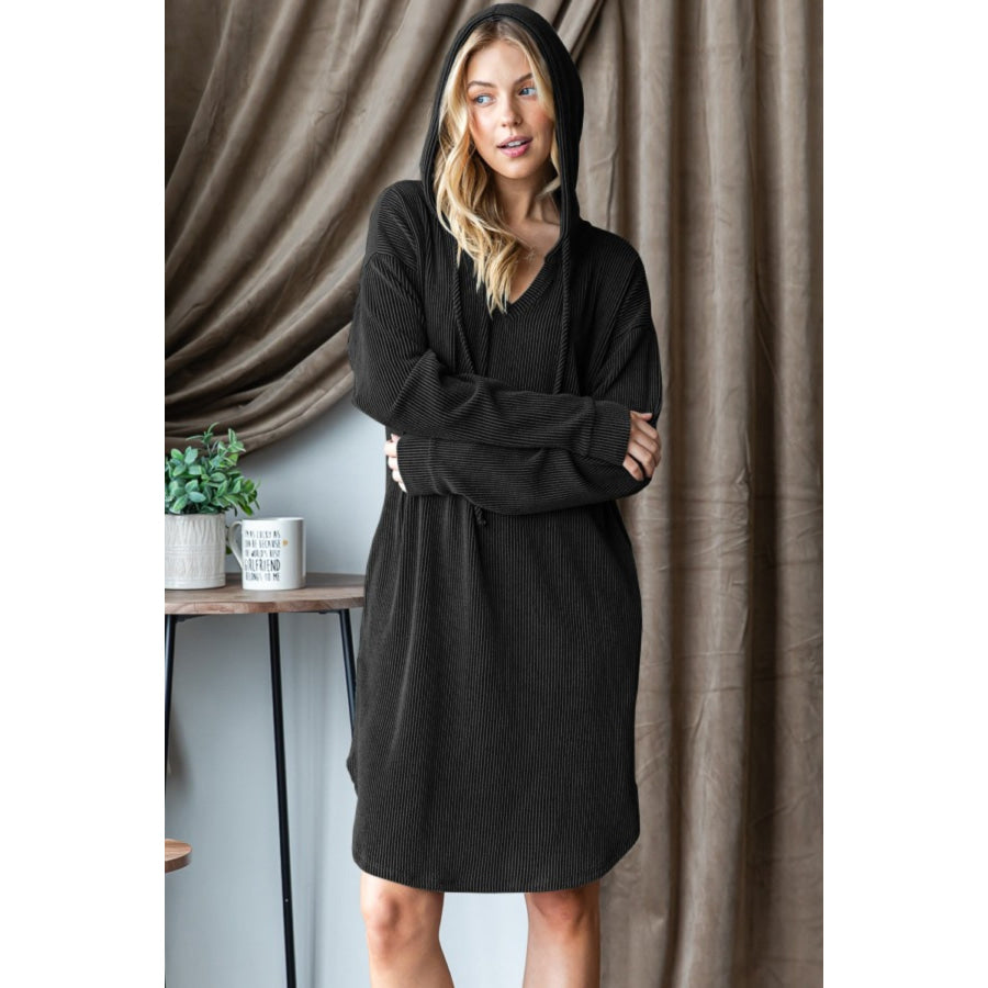 Heimish Ribbed Long Sleeve Hooded Dress Black / S Apparel and Accessories