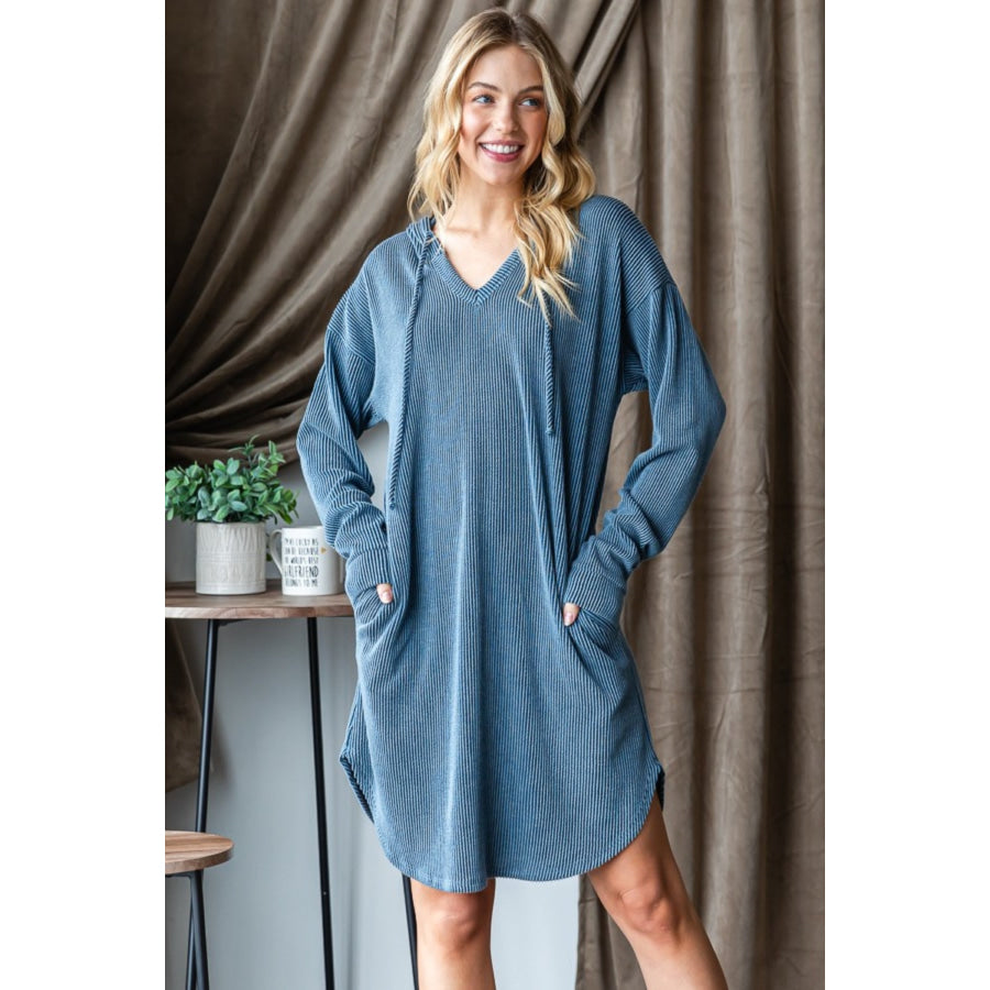 Heimish Ribbed Long Sleeve Hooded Dress Dk Denim / S Apparel and Accessories