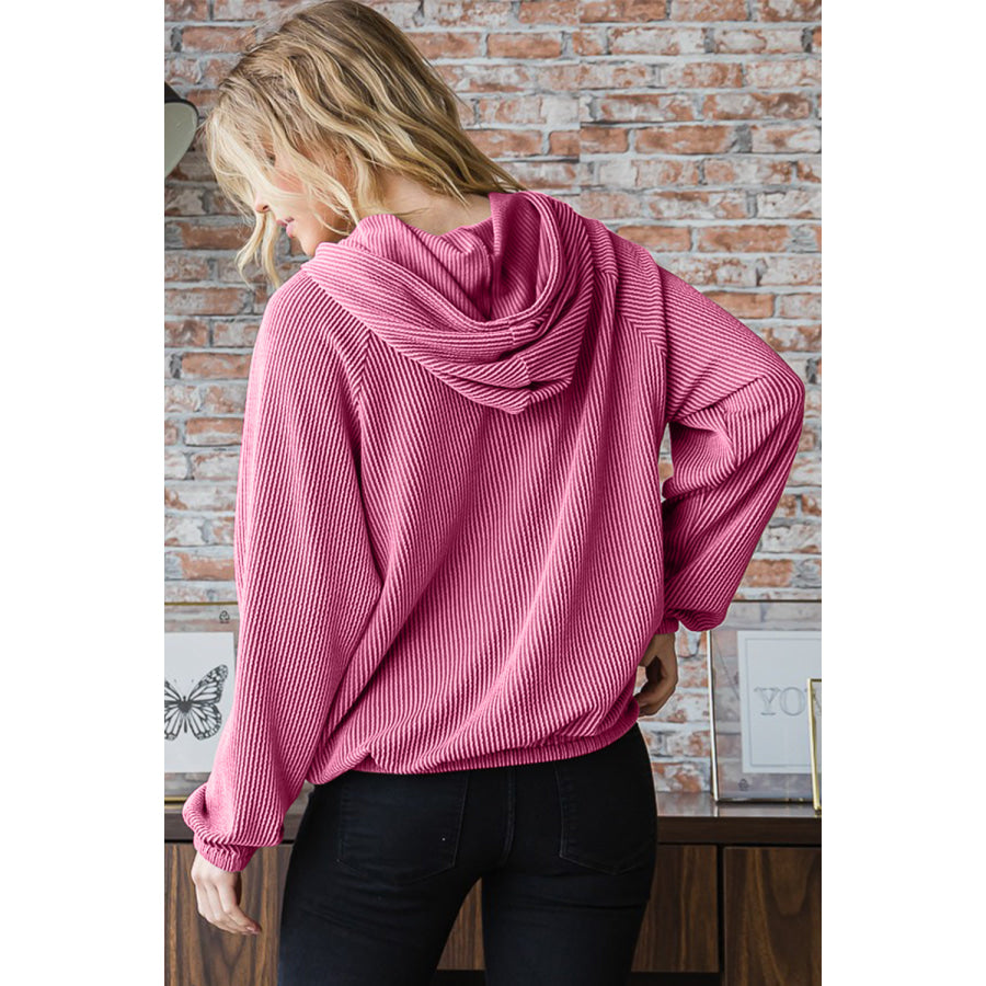 Heimish Ribbed Long Sleeve Hoodie with Kangaroo Pocket Hot Pink / S Apparel and Accessories