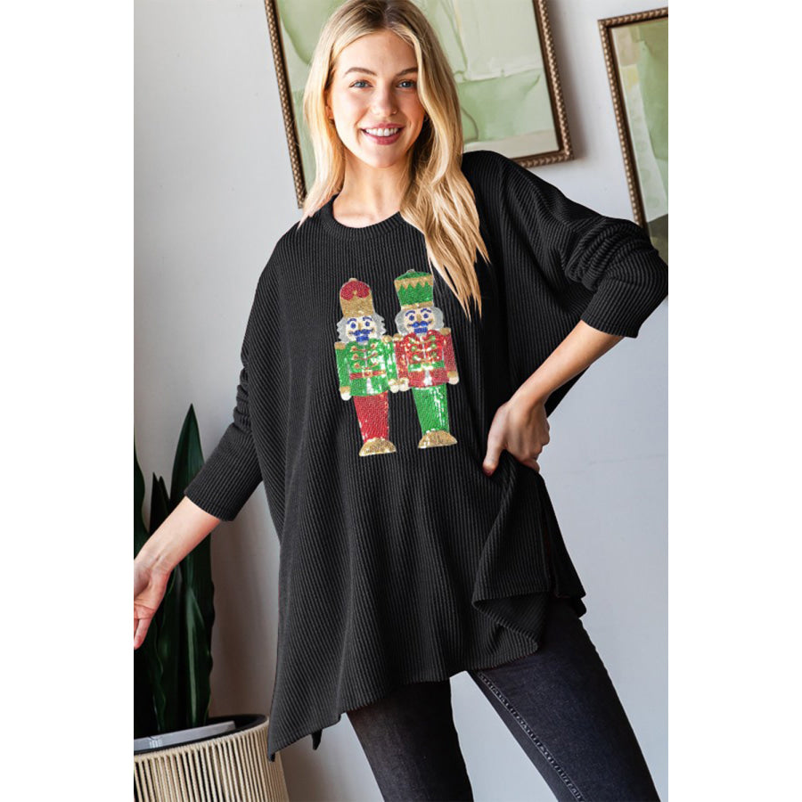 Heimish Sequin Nutcracker Long Sleeve Ribbed Top Black / S Apparel and Accessories