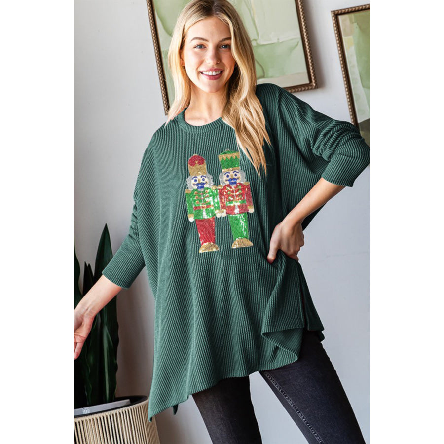 Heimish Sequin Nutcracker Long Sleeve Ribbed Top Hunter Green / S Apparel and Accessories