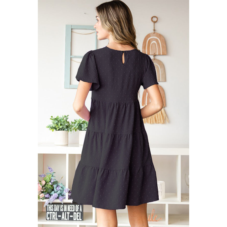 Heimish Swiss Dot Short Sleeve Tiered Dress Black / S Apparel and Accessories