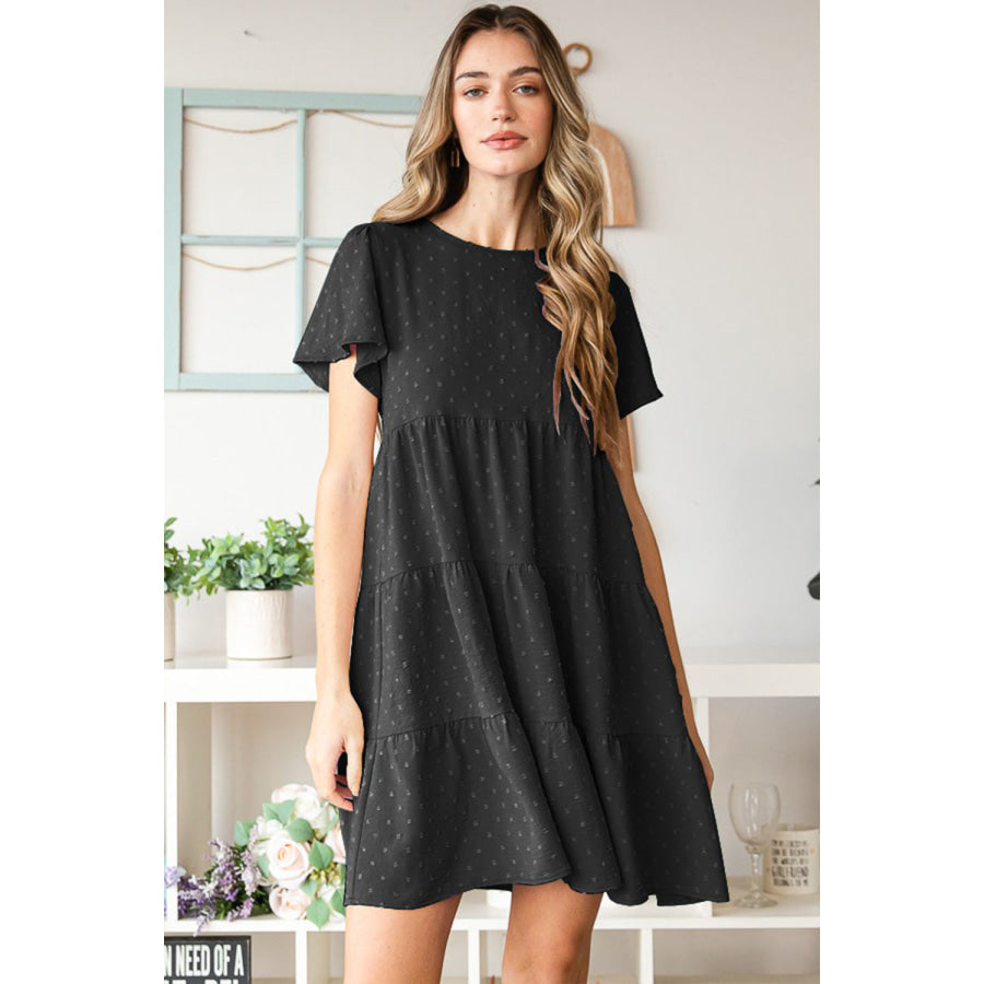 Heimish Swiss Dot Short Sleeve Tiered Dress Black / S Apparel and Accessories