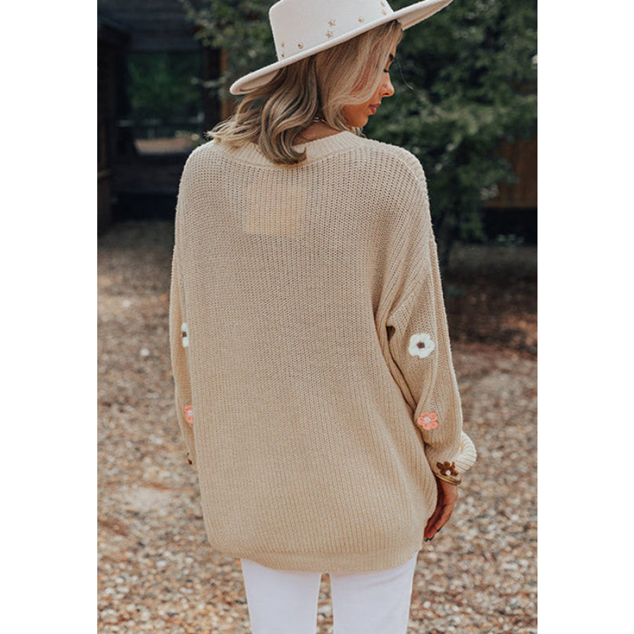 HELLO Flower Round Neck Long Sleeve Sweater Khaki / S Apparel and Accessories