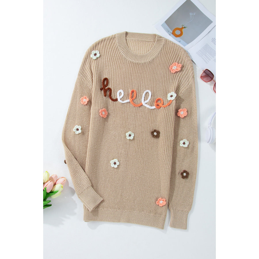 HELLO Flower Round Neck Long Sleeve Sweater Apparel and Accessories