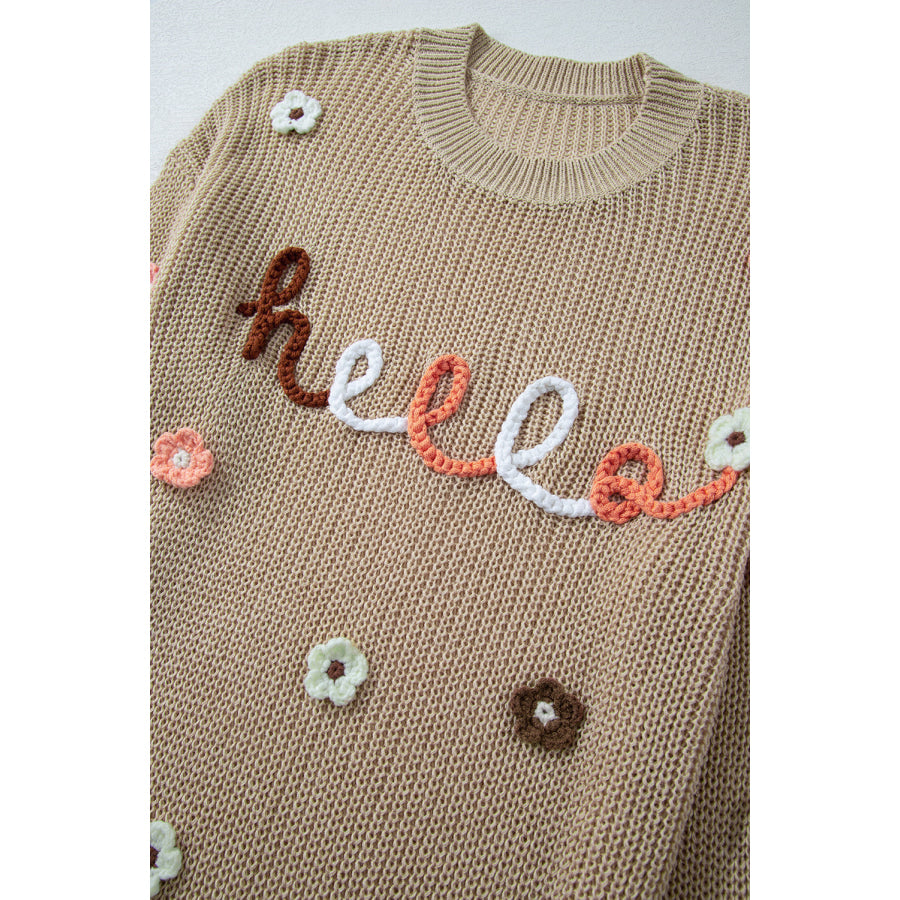 HELLO Flower Round Neck Long Sleeve Sweater Apparel and Accessories