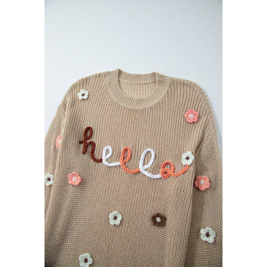 HELLO Flower Round Neck Long Sleeve Sweater Apparel and Accessories