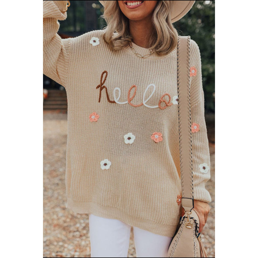 HELLO Flower Round Neck Long Sleeve Sweater Khaki / S Apparel and Accessories