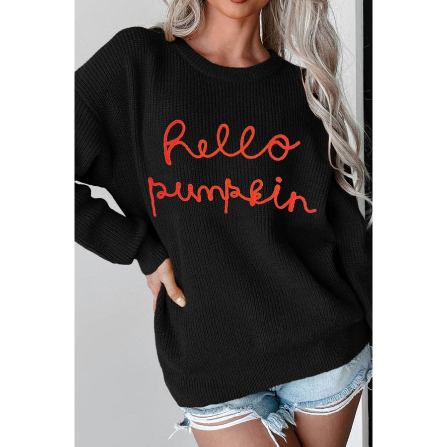 HELLO PUMPKIN Round Neck Long Sleeve Sweater Black / S Apparel and Accessories
