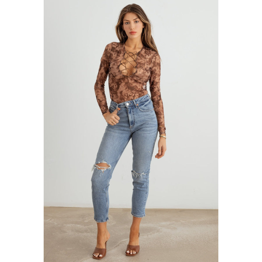 HERA COLLECTION Abstract Mesh Lace-Up Long Sleeve Bodysuit Apparel and Accessories