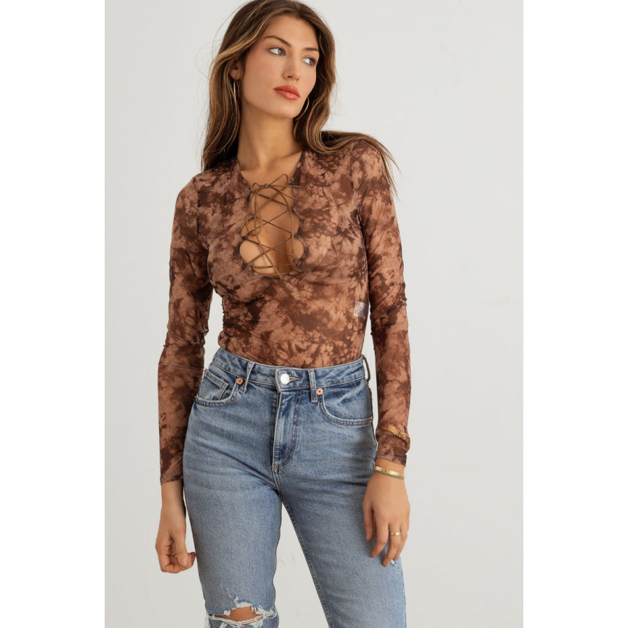 HERA COLLECTION Abstract Mesh Lace-Up Long Sleeve Bodysuit Mocha Taupe / S Apparel and Accessories