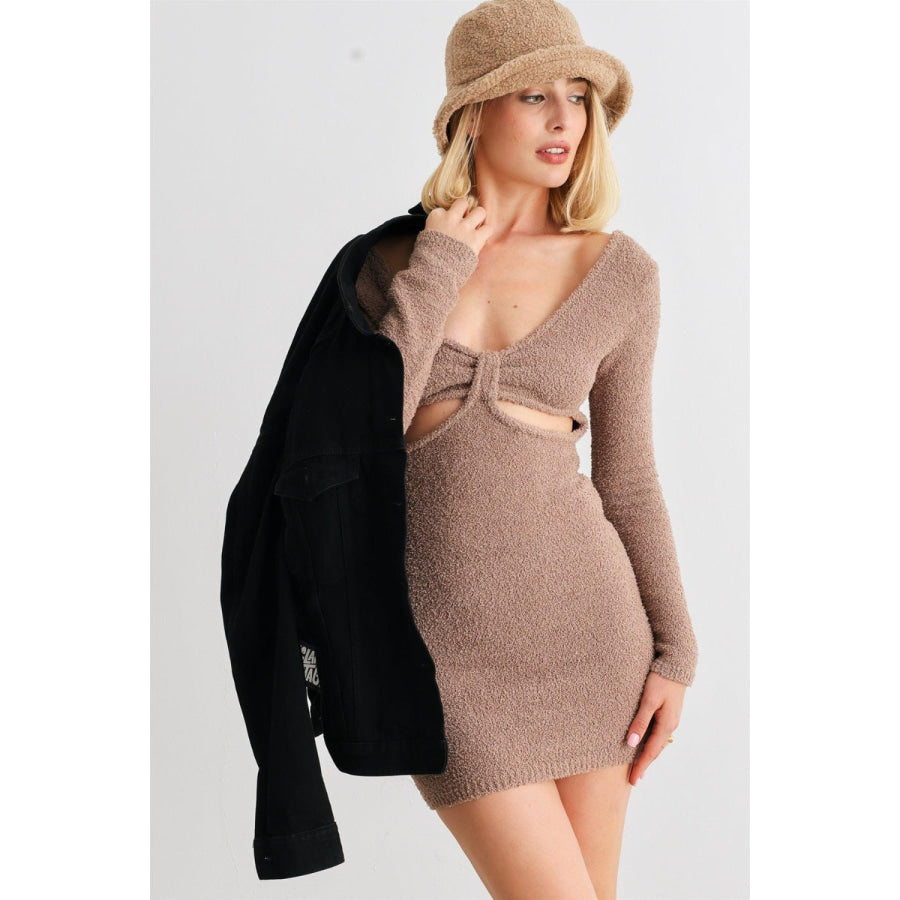 HERA COLLECTION Fluffy Bow Cut-Out Detail Long Sleeve Mini Dress Mocha / S Apparel and Accessories