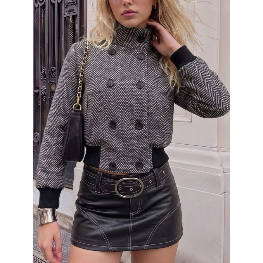 Herringbone Double-Breasted Cropped Outerwear Black / S Apparel and Accessories