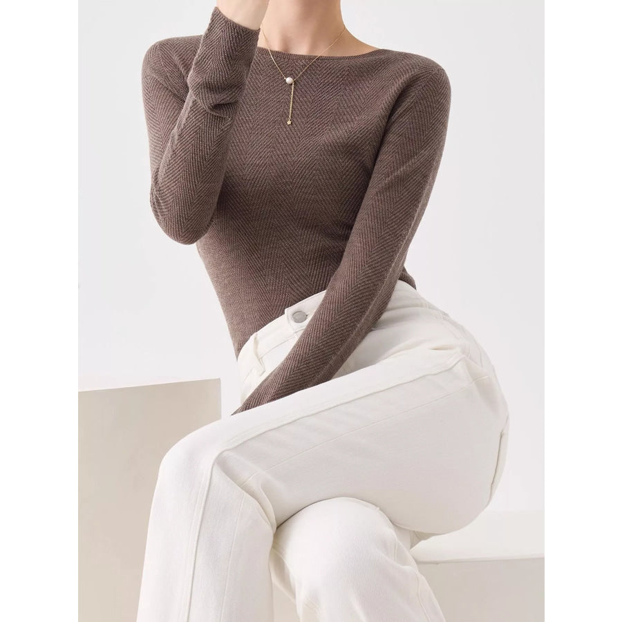 Herringbone Slim Fit Long Sleeve Knit Top Apparel and Accessories