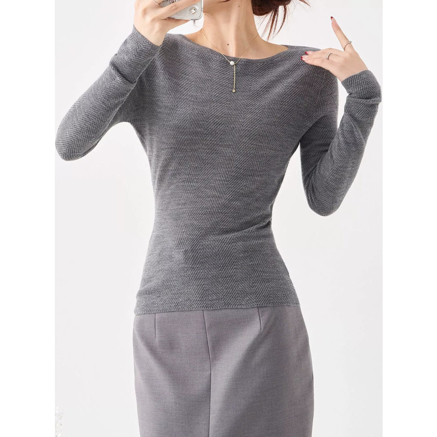 Herringbone Slim Fit Long Sleeve Knit Top Light Heather Gray / M Apparel and Accessories