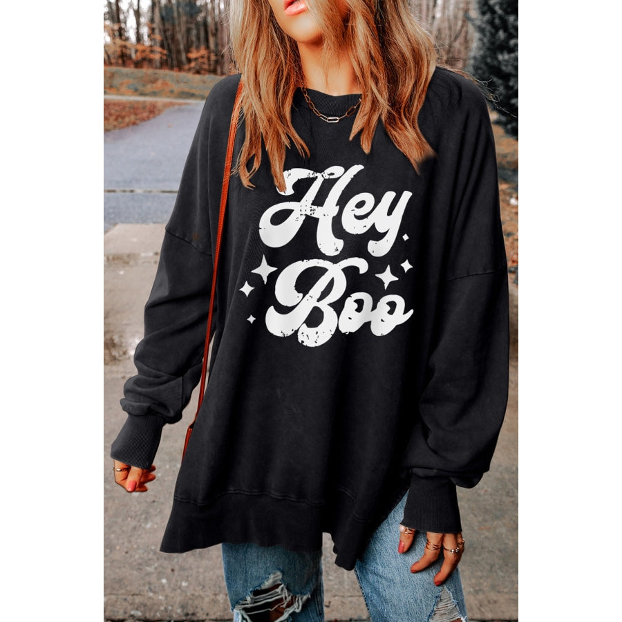 HEY BOO Graphic Round Neck Sweatshirt Black / S