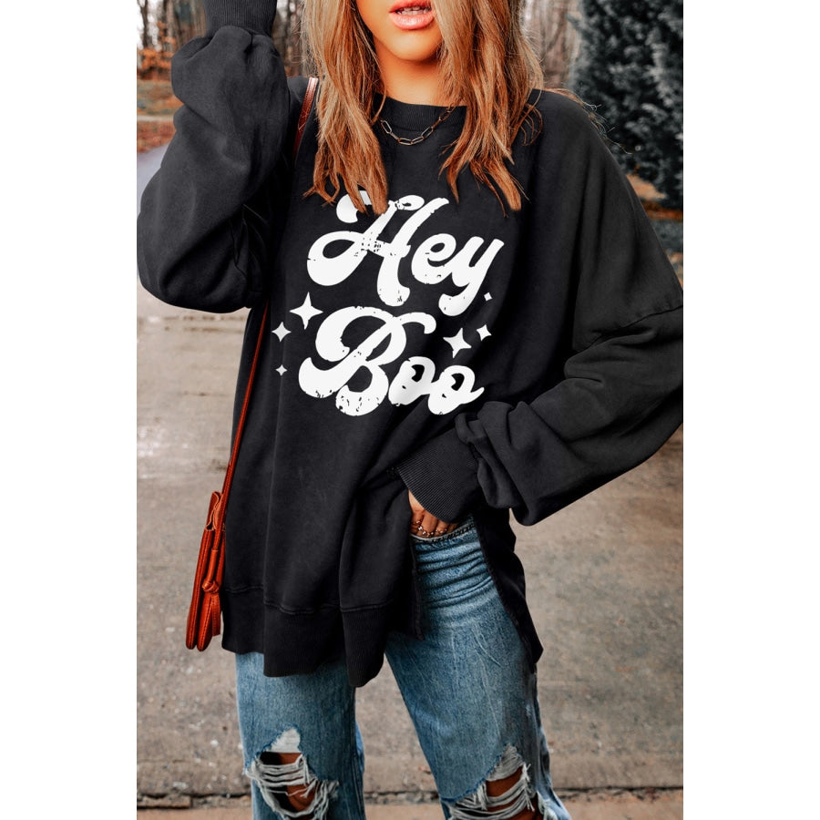 HEY BOO Graphic Round Neck Sweatshirt