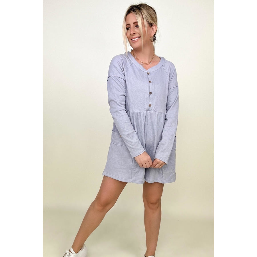 Heyson Comfy Knit Button-Down Long Sleeve Romper Pale Blue / S Rompers