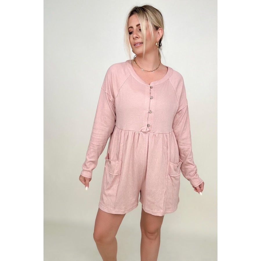 Heyson Comfy Knit Button-Down Long Sleeve Romper Pale Pink / S Rompers