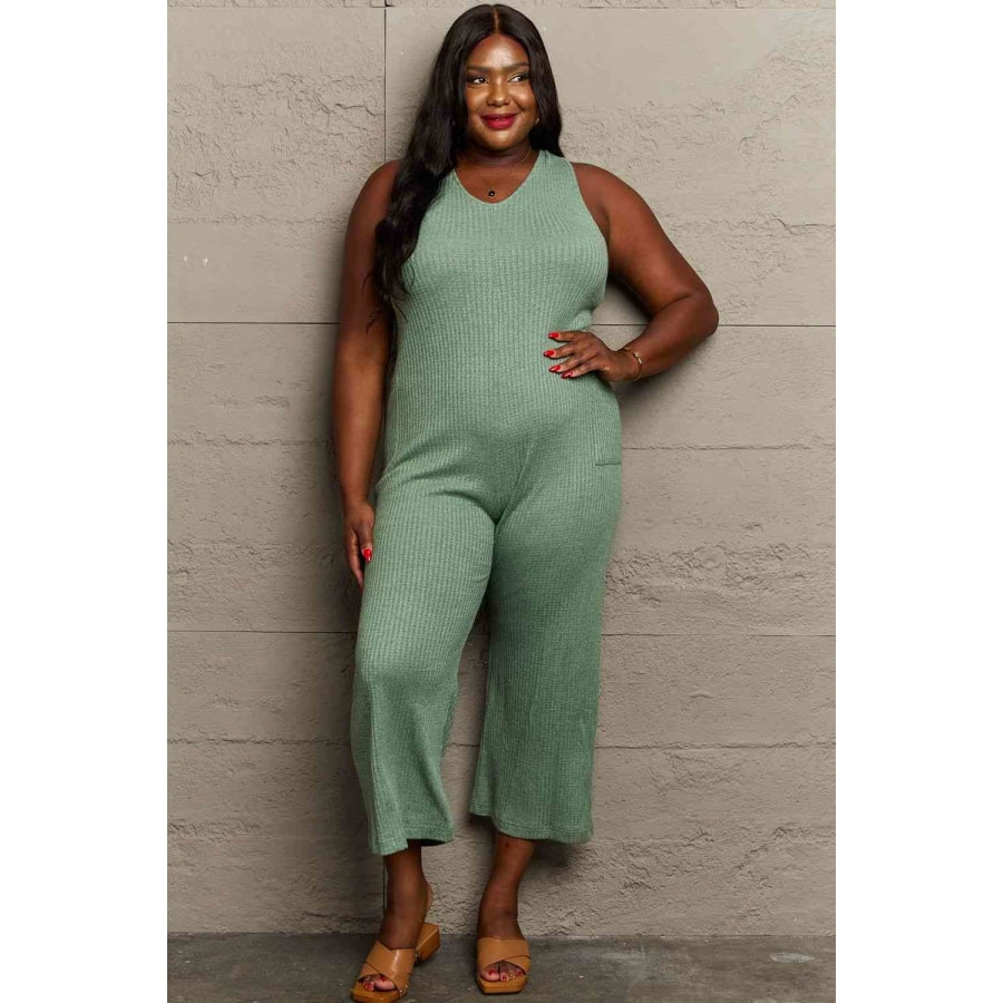 HEYSON Don’t Get It Twisted Full Size Rib Knit Jumpsuit Sage / S Apparel and Accessories