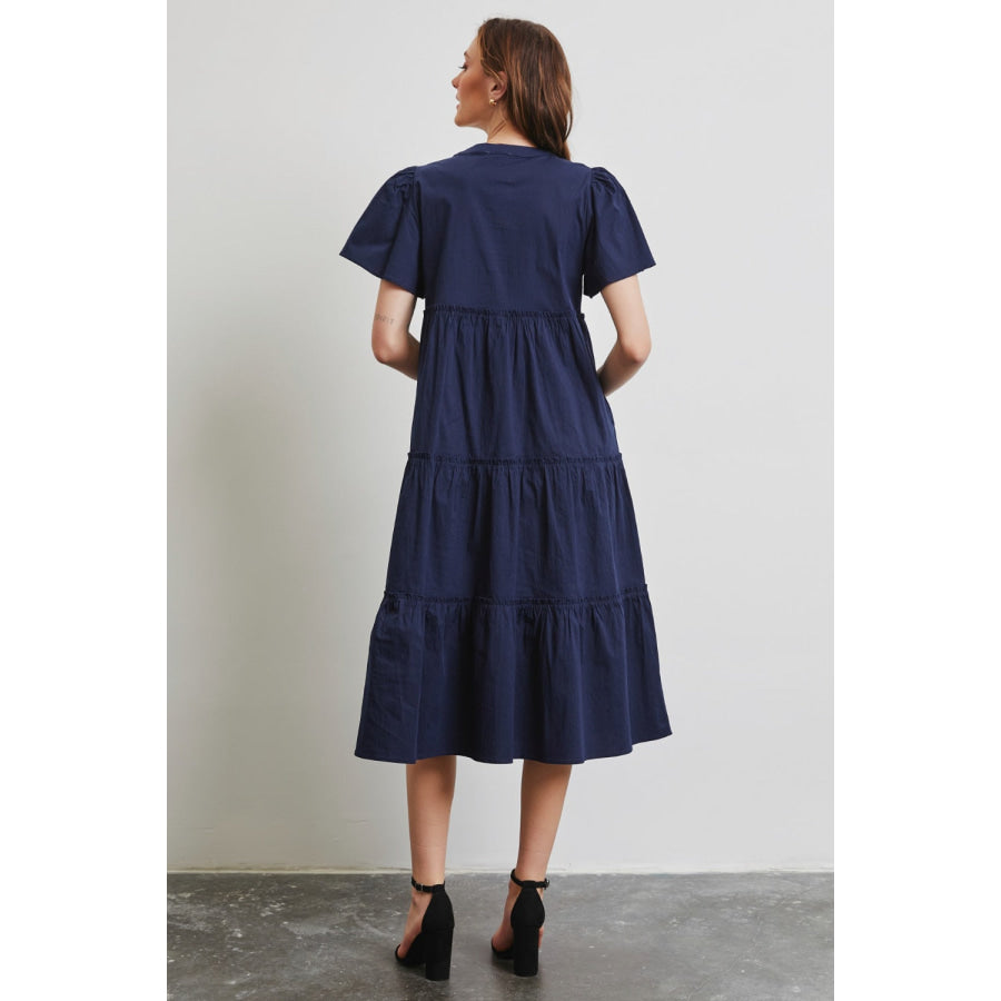 HEYSON Full Size Cotton Poplin Ruffled Tiered Midi Dress Apparel and Accessories