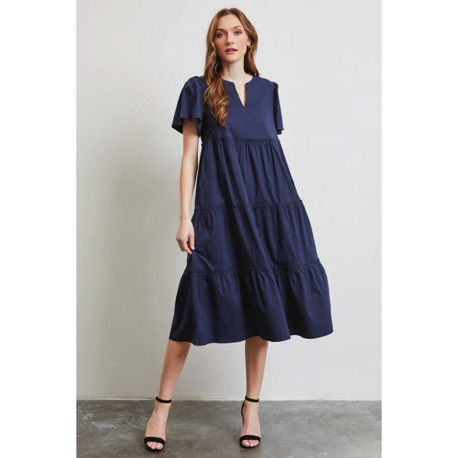 HEYSON Full Size Cotton Poplin Ruffled Tiered Midi Dress Apparel and Accessories