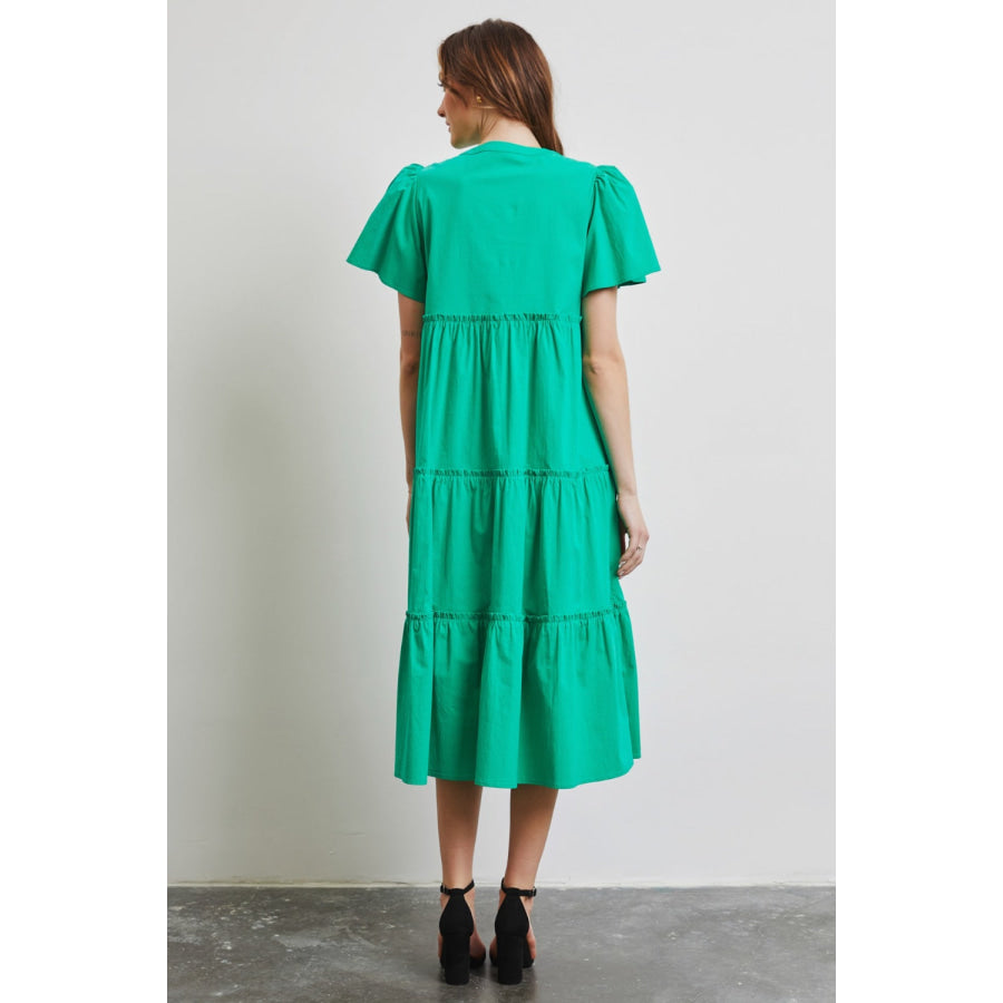 HEYSON Full Size Cotton Poplin Ruffled Tiered Midi Dress Emerald Green / S Apparel and Accessories